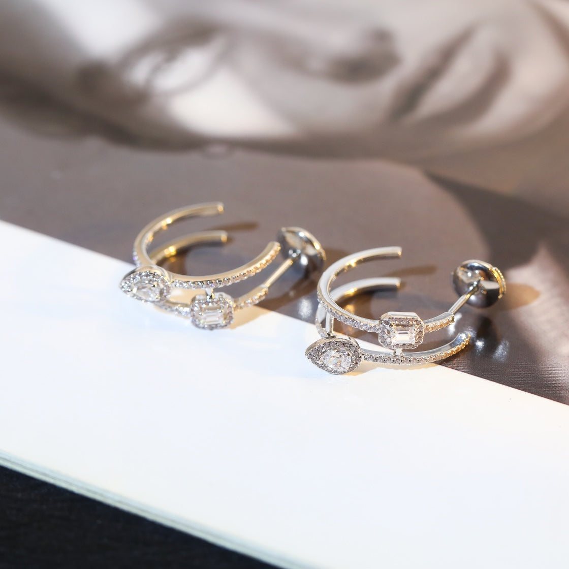 [⭐JeweliWhal]CREOLES MY TWIN 2 RANGS SILVER DIAMOND EARRINGS