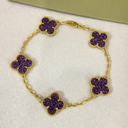 [⭐JeweliWhal]NEW PURPLE SAND-GOLD FOUR-LEAF CLOVER 5-FLOWER BRACELET